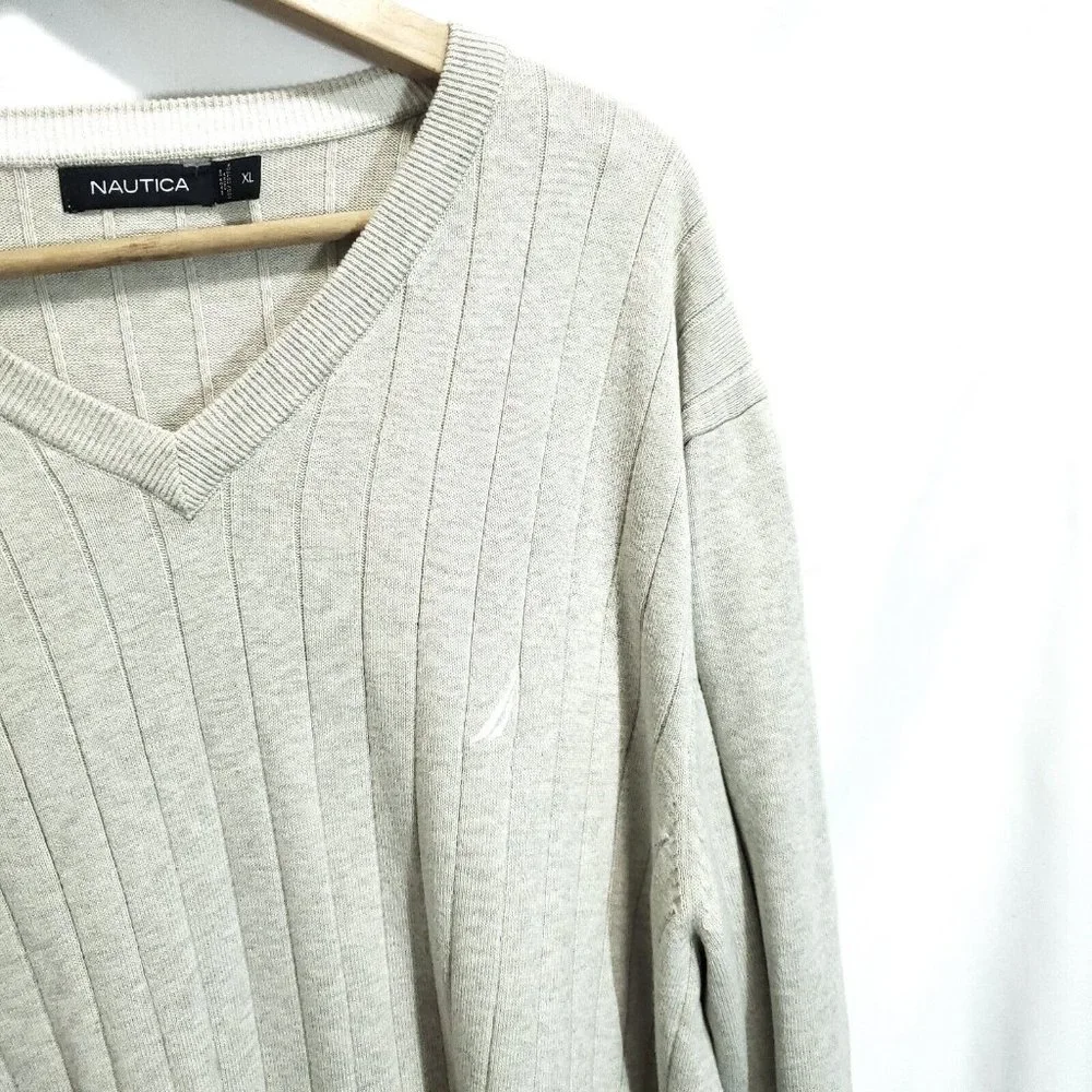 Nautica Mens 100% Cotton Sweater Argyle Vneck Size Extra Large Beige